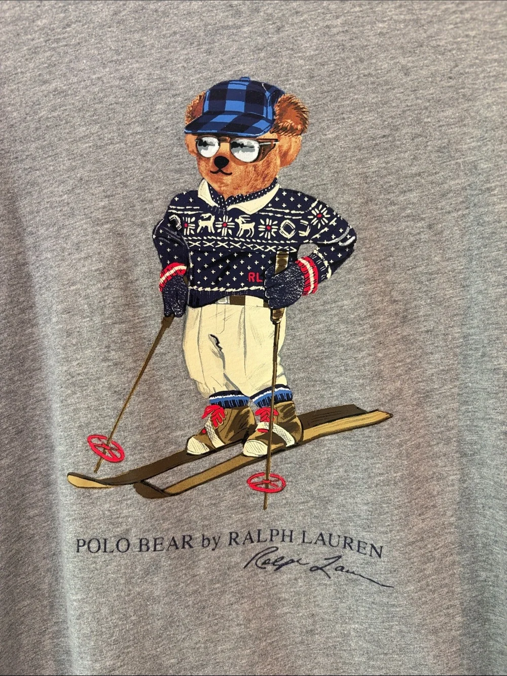 Polo by Ralph Lauren Gray Tee with Skiing Polo Bear Graphic Medium Man
